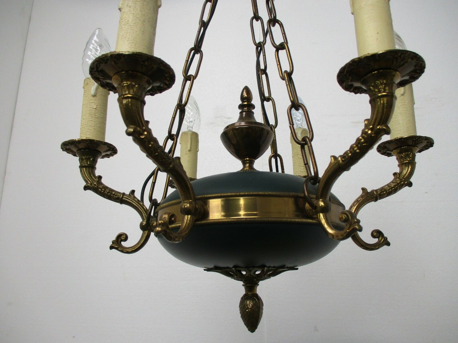 Lighting French Empire  Chandelier Green Tole Brass 6 Arms Hollywood Regency Beautiful photo