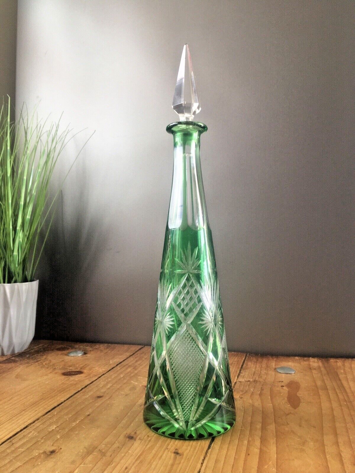 Stunning Antique Bohemian Crystal Green Cut To Clear Glass Decnater   St Louis ? photo furniture