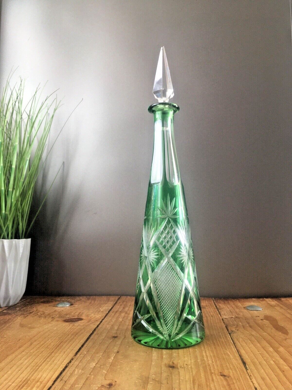 Stunning Antique Bohemian Crystal Green Cut To Clear Glass Decnater   St Louis ? photo for sale