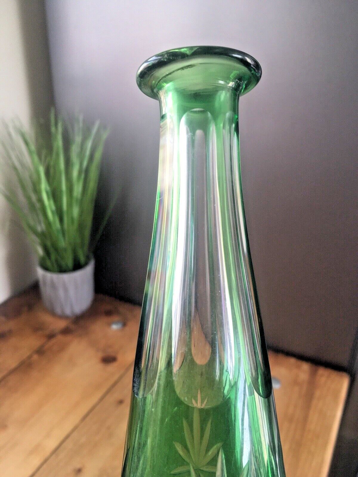 Home Decor Stunning Antique Bohemian Crystal Green Cut To Clear Glass Decnater   St Louis ? photo