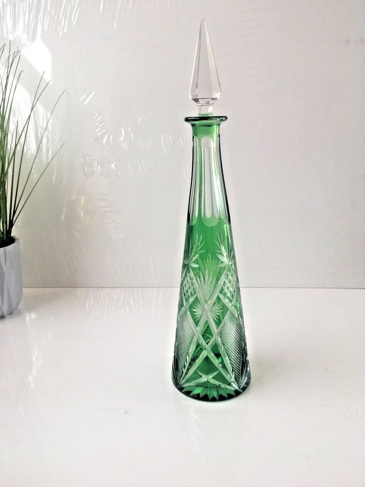 photo vintage Stunning Antique Bohemian Crystal Green Cut To Clear Glass Decnater   St Louis ?