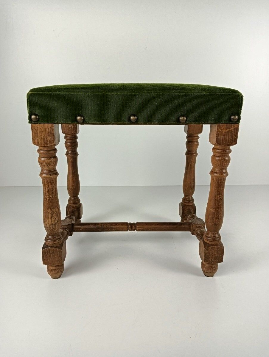 Vintage Foot Stool Ottoman Footstool Wood Green Velvet Fabric Hobnails Modernist photo furniture