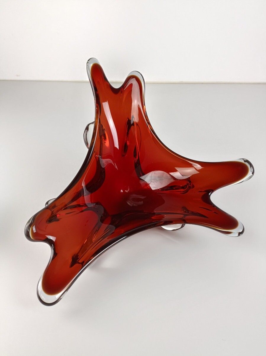 Italian Cranberry Clear Bowl Dish Centerpiece Murano Seguso Art Glass Modernist photo buy