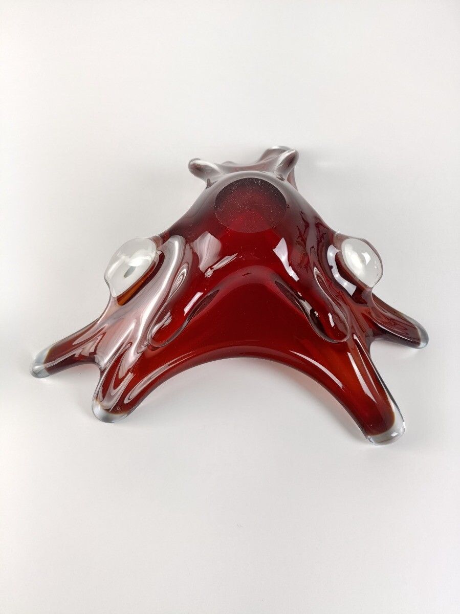 Italian Cranberry Clear Bowl Dish Centerpiece Murano Seguso Art Glass Modernist photo vintage