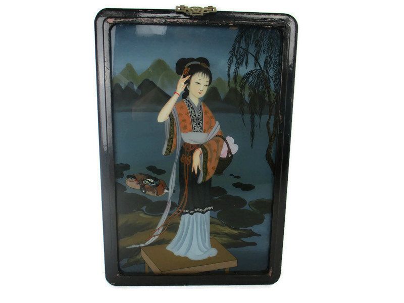 Antique Chinese Reverse Glass Painting Scroll Framed  Lady Ducks Lovely