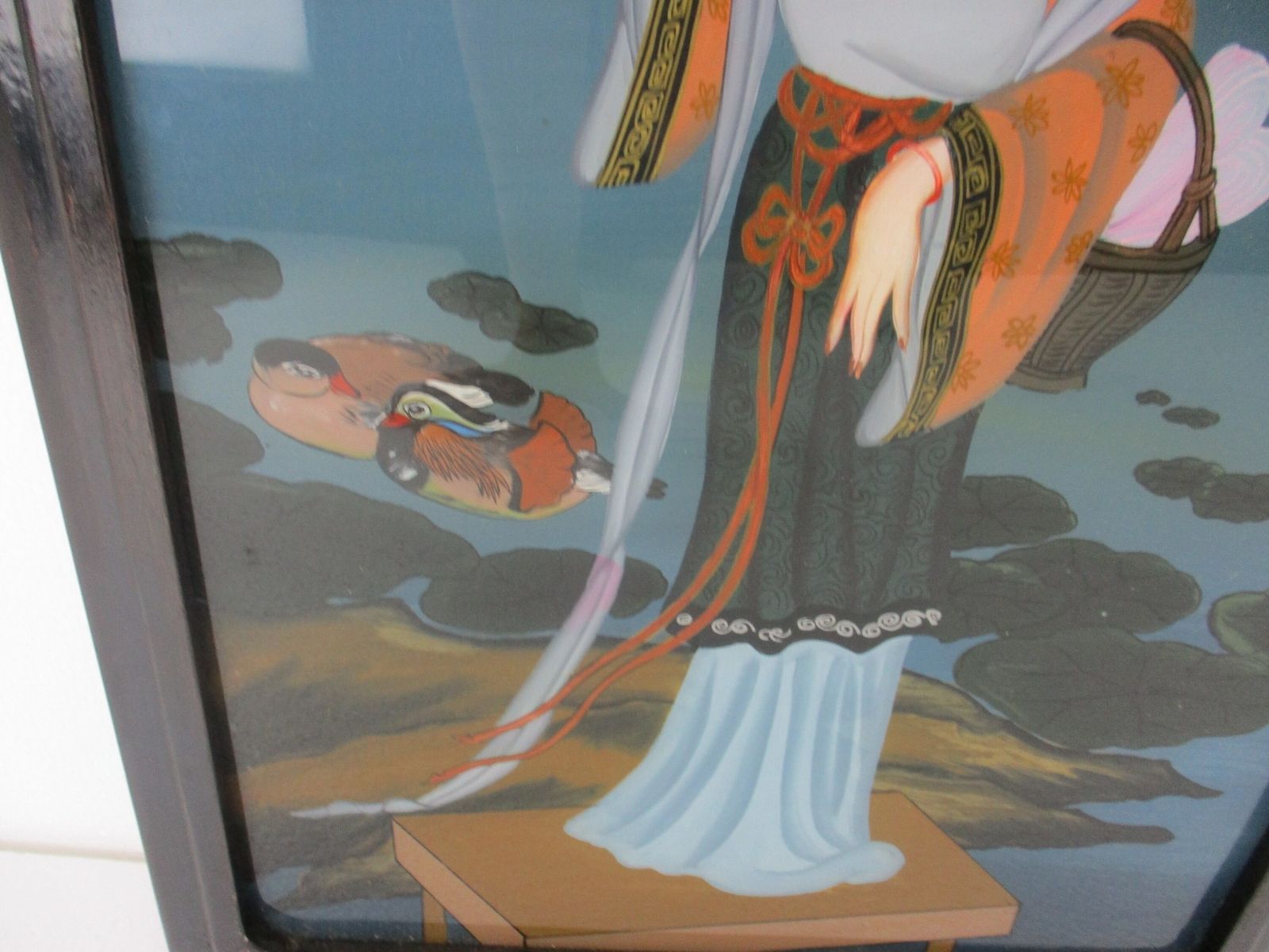 Antique Chinese Reverse Glass Painting Scroll Framed  Lady Ducks Lovely photo Art