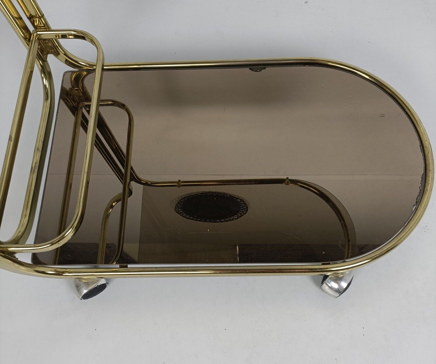 Bar Cocktail Tea Cart Trolley Hollywood Regency Kitchen Island Brass Smoked Glas photo Furniture