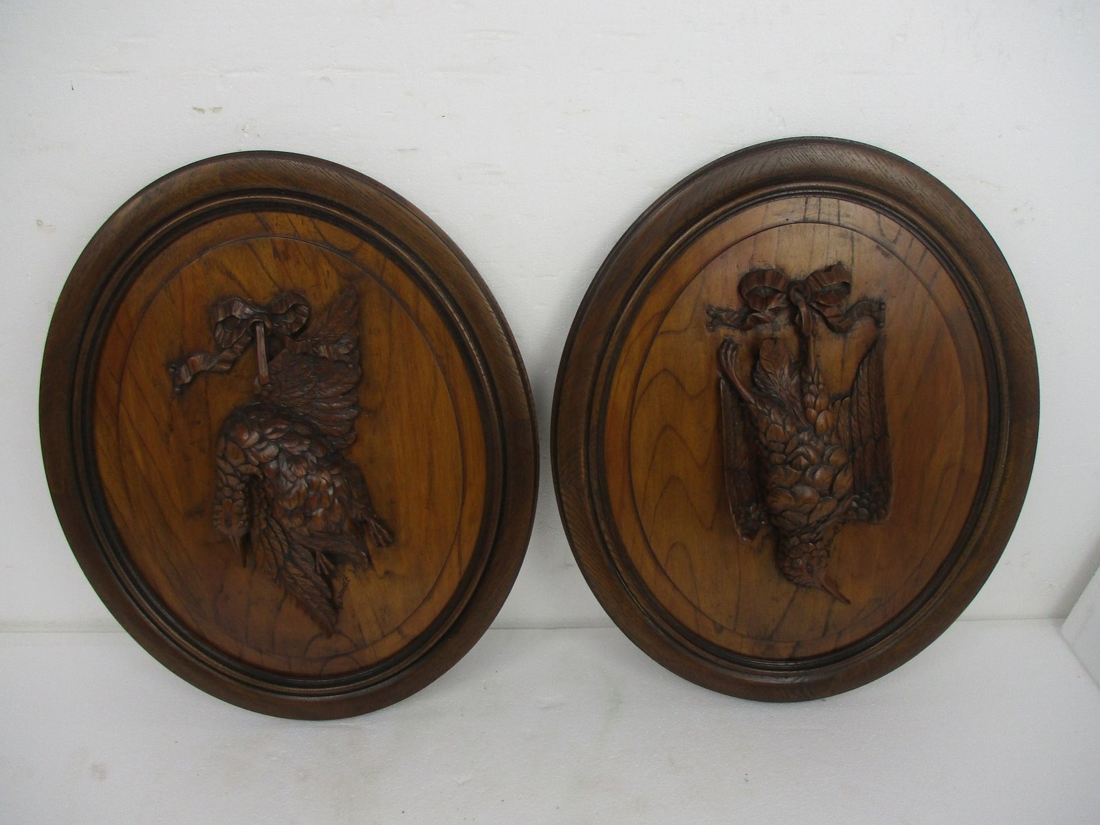 Pair Hand Carved Wooden Medallions Wall Panel Bas High Relief Tableaux Hunt Phea photo furniture