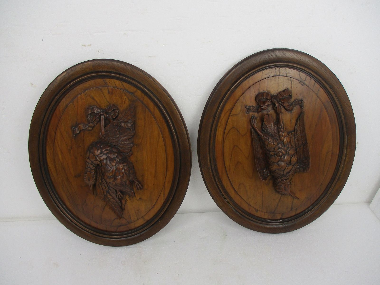 Pair Hand Carved Wooden Medallions Wall Panel Bas High Relief Tableaux Hunt Phea photo vinterior