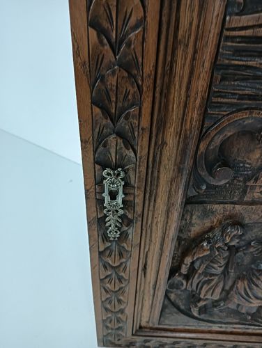 Antique 19th Century Door Panel Breton Figurines Ornate Carved Wood Architectura photo for sale