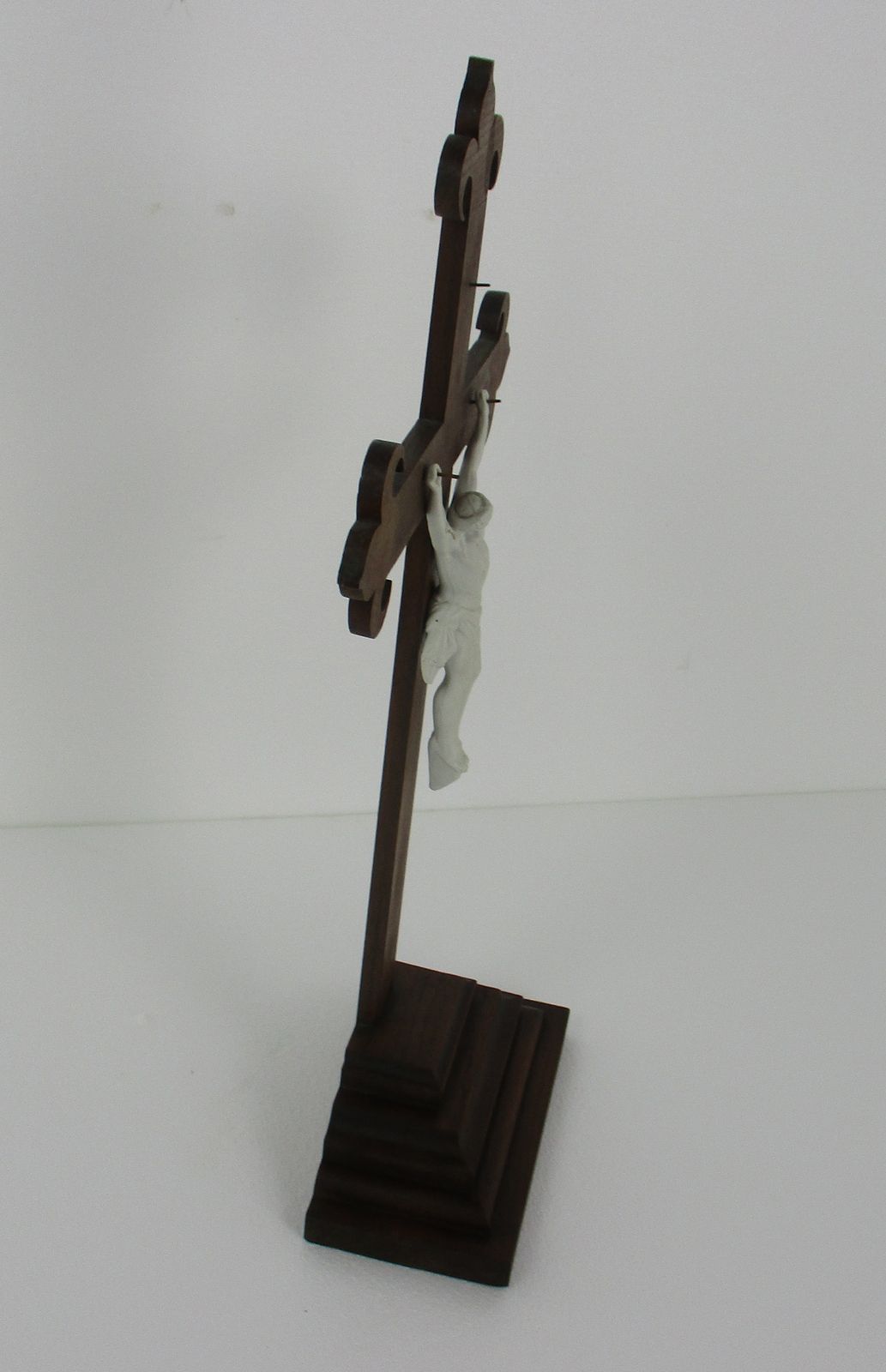 Large French Standing Crucifix Cross Wood Porcelain Corpus Fleur De Lis Lys photo buy