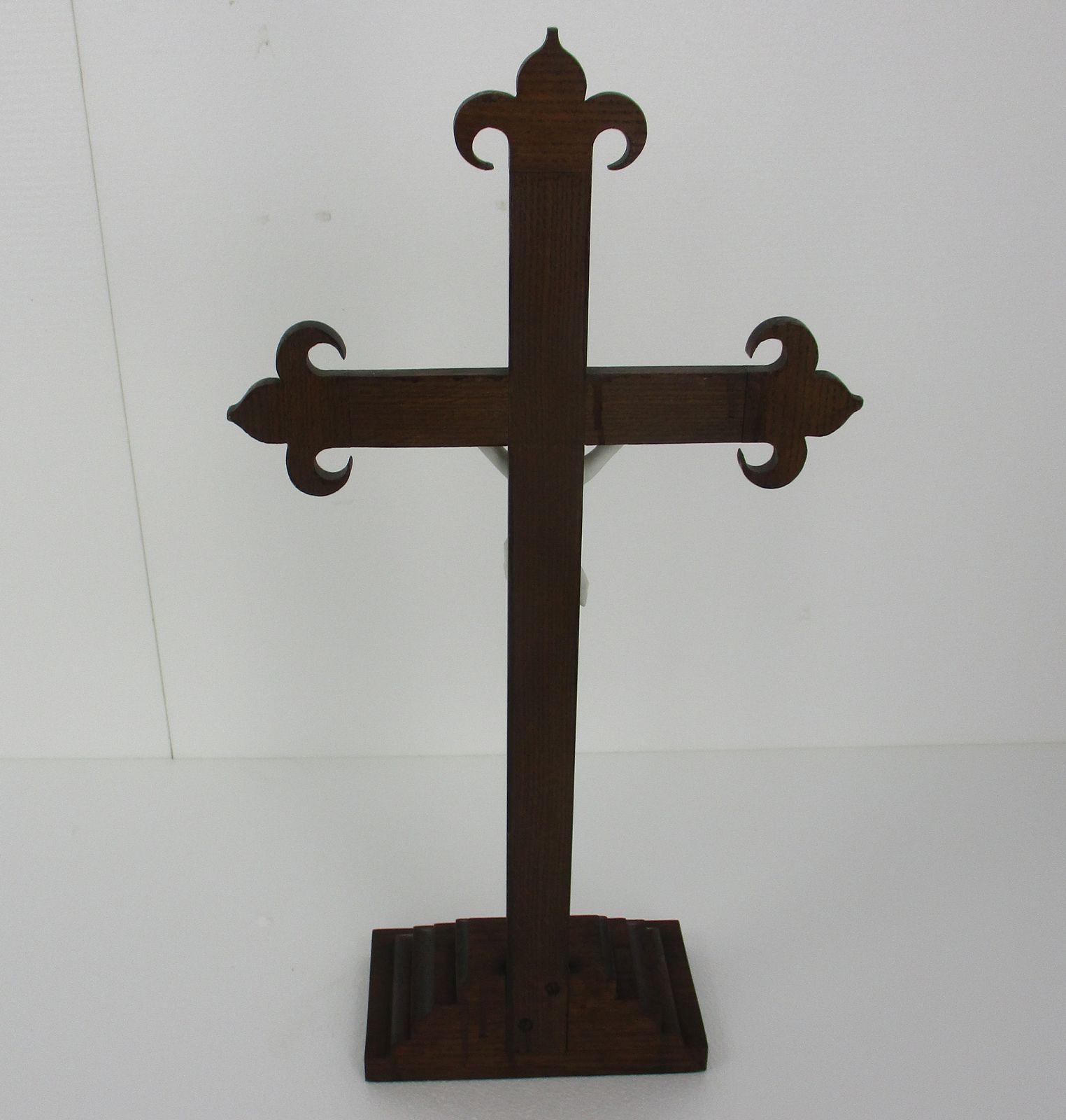 Large French Standing Crucifix Cross Wood Porcelain Corpus Fleur De Lis Lys photo vintage