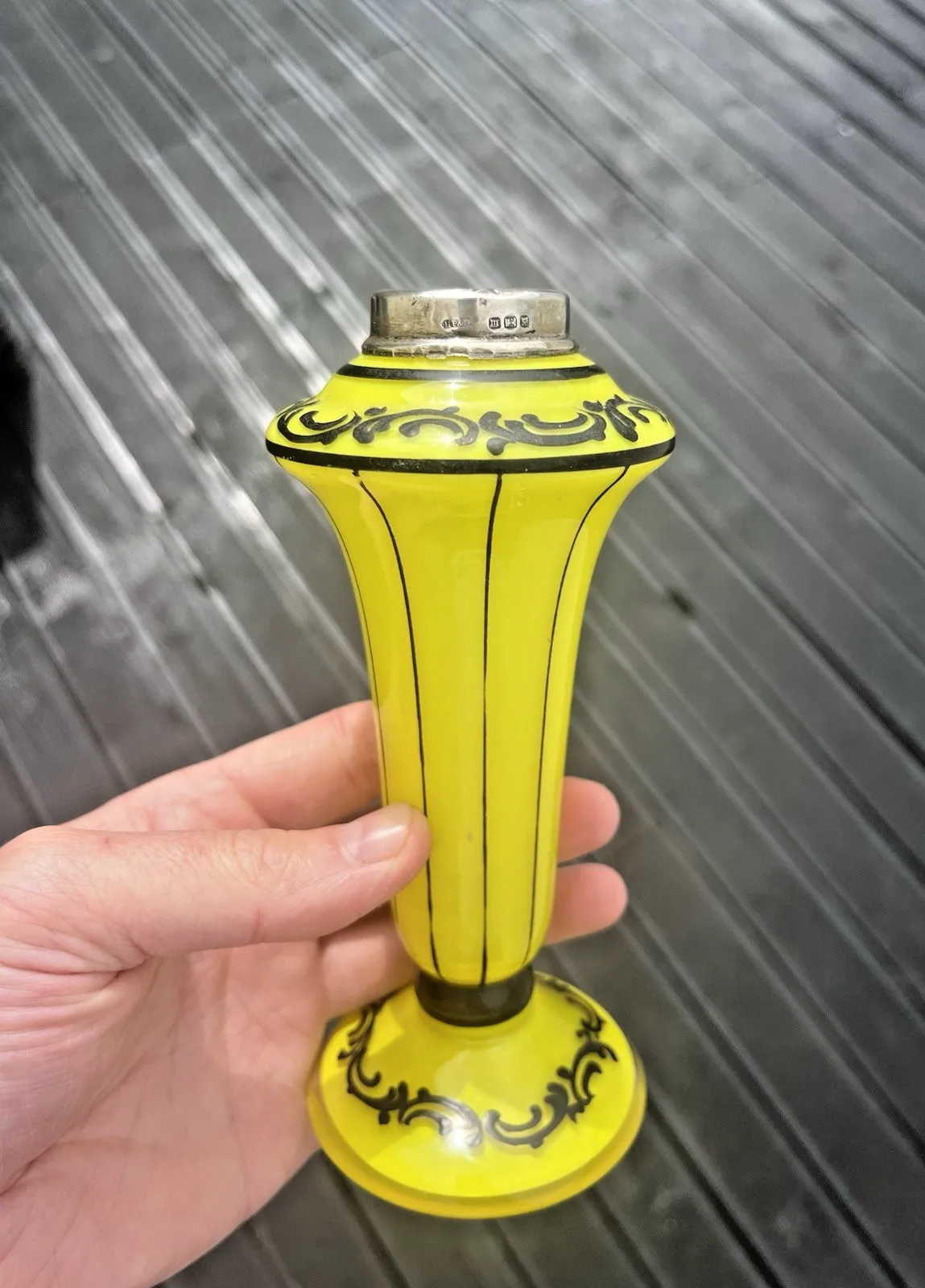 Art Deco Bohemian Silver Rim Czech Yellow Tango Glass Pinstripe Vase Loetz Welz