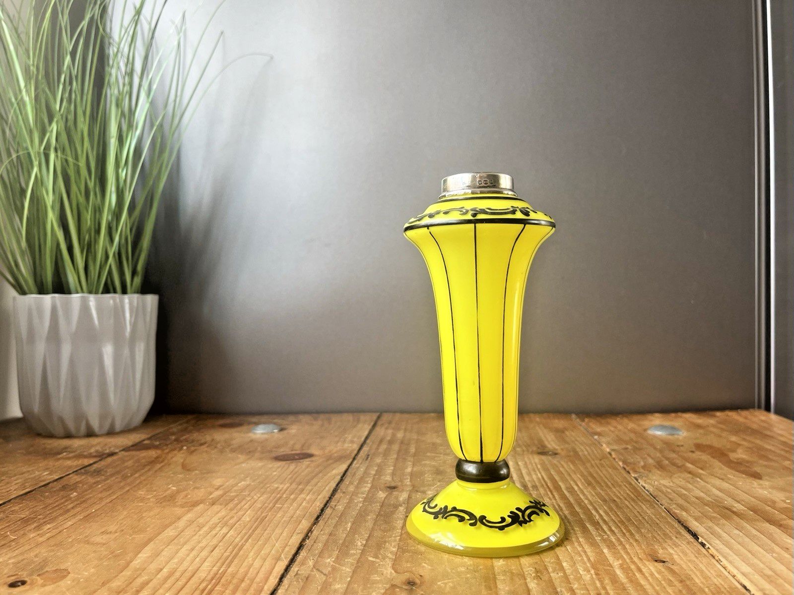 125.0 Art Deco Bohemian Silver Rim Czech Yellow Tango Glass Pinstripe Vase Loetz Welz photo