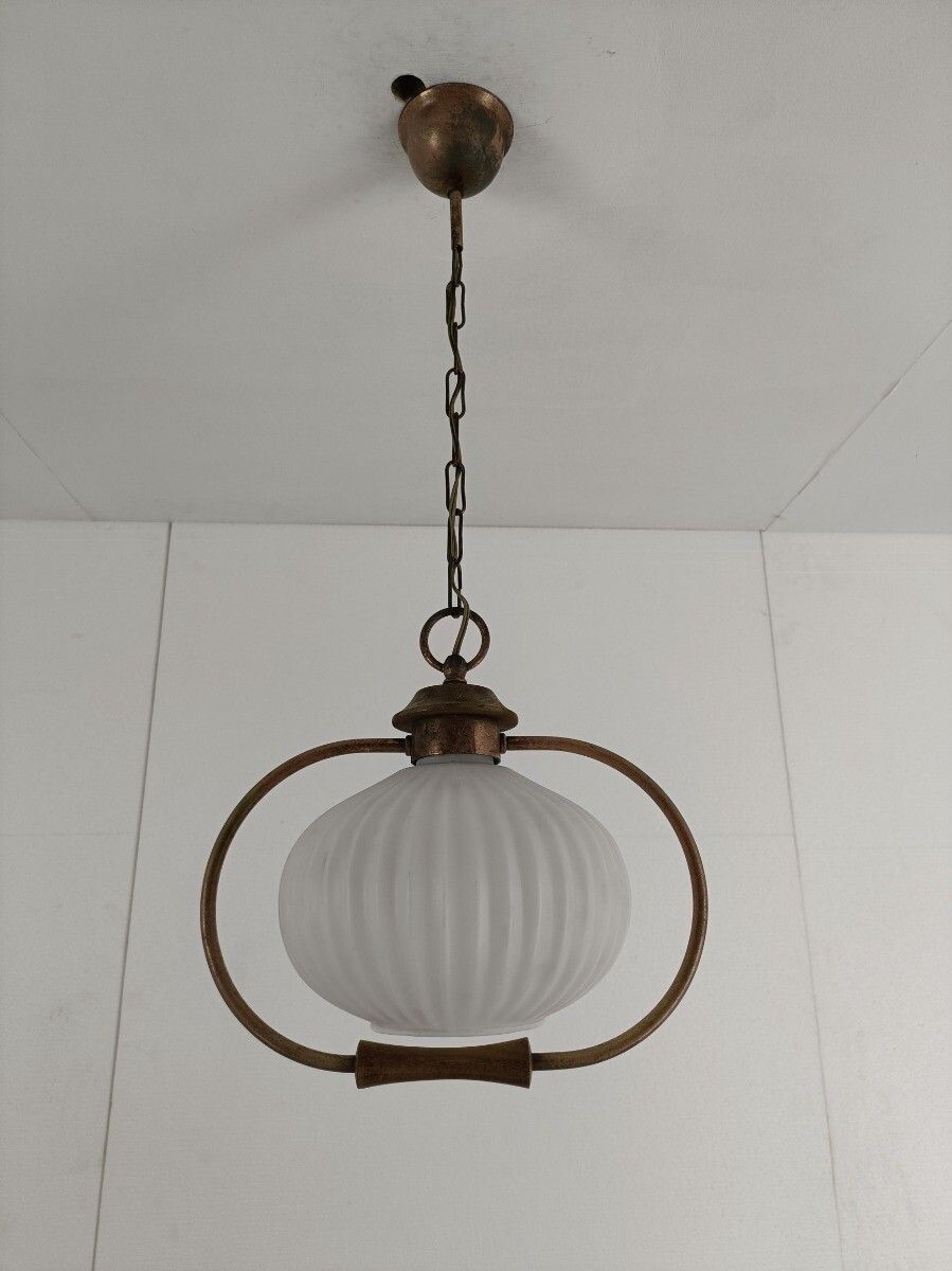 Danish Modernist  Chandelier Pendant Teak Brass Opaline Glass Atomic Louis Kalff photo 283.0
