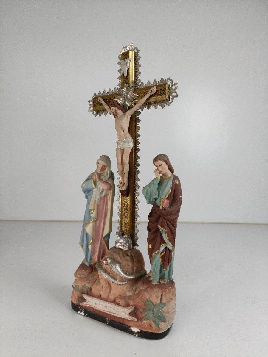 Calvary Crucifix Christ Crucifixion Mary Magdalene St John The Apostle  Plaster photo Art