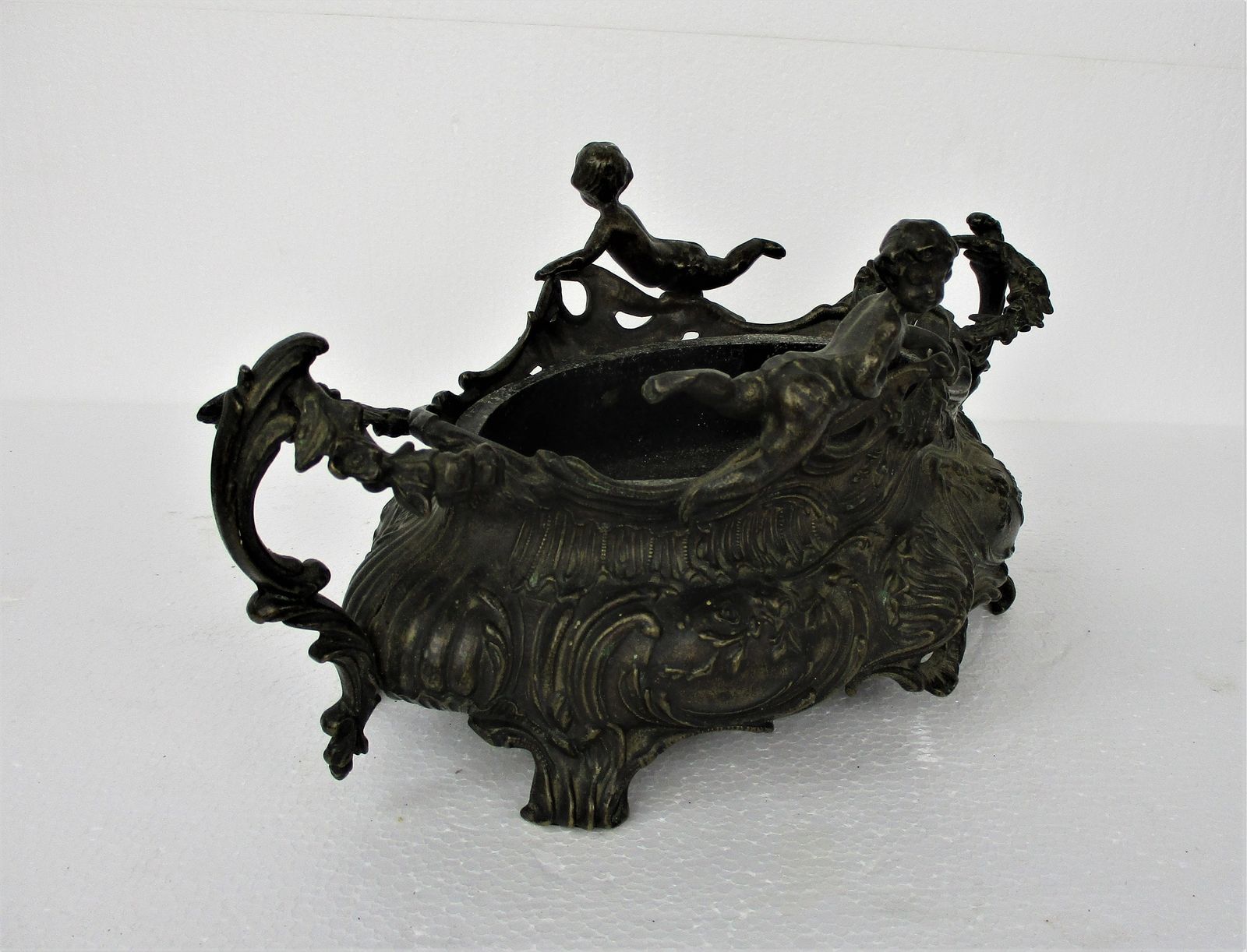 Art Nouveau French Planter Jardinière Ornate Embossed Centerpiece Brass Putti C photo for sale