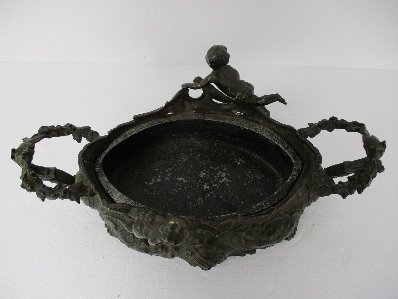 Art Nouveau French Planter Jardinière Ornate Embossed Centerpiece Brass Putti C photo vinterior