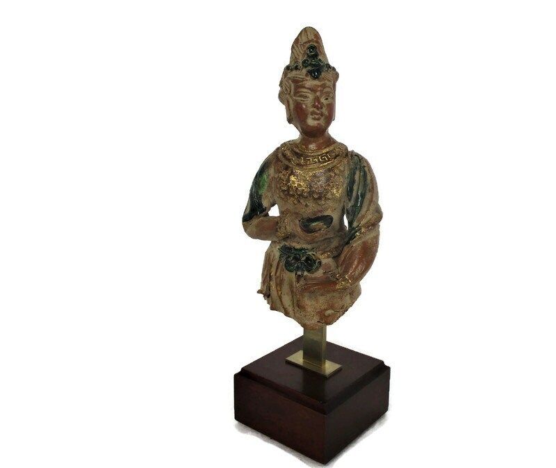 Statue Buddha Ornate Buddha Temple Good Fortune Terra Cotta On Wooden Base Lovel