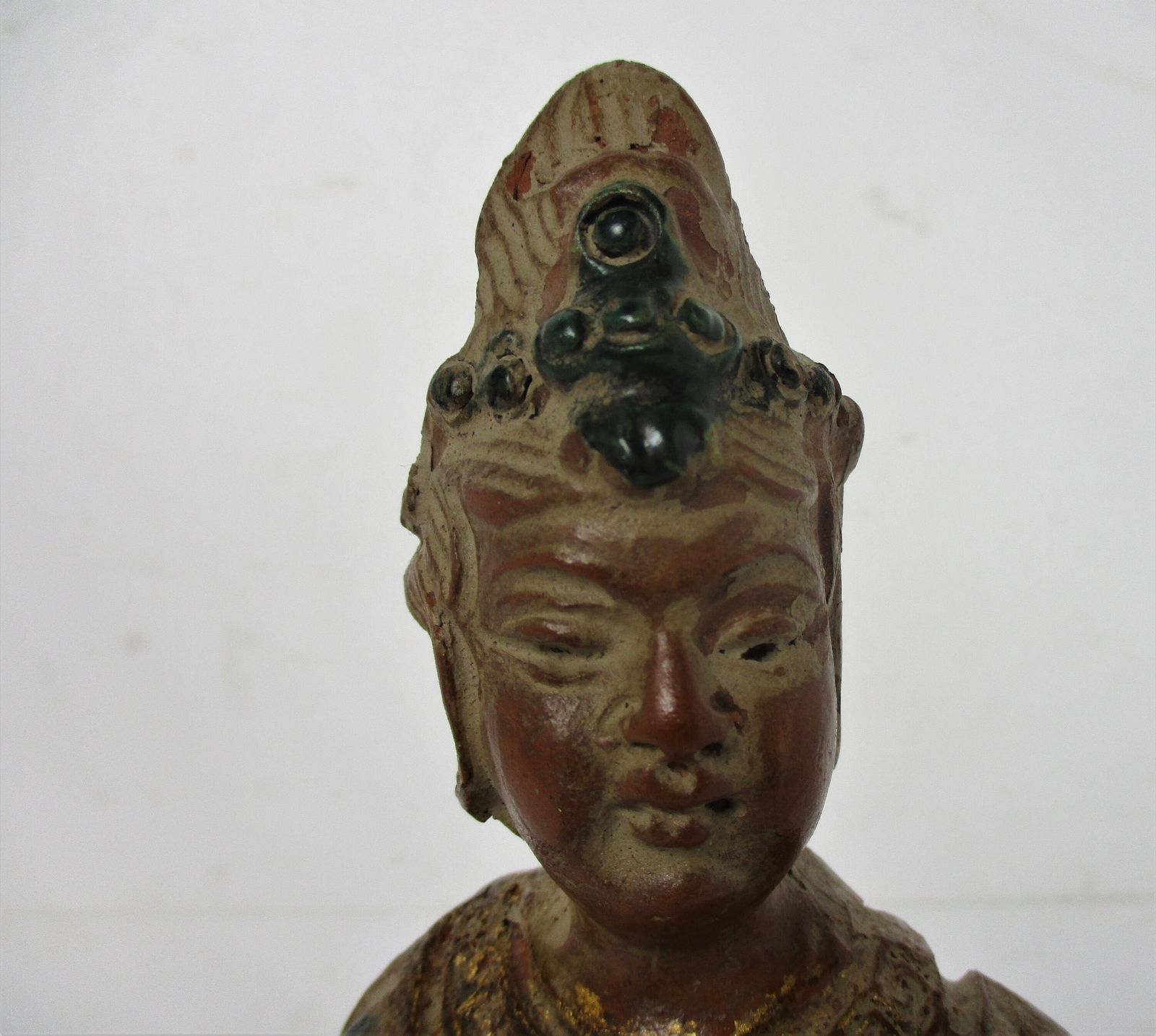 Statue Buddha Ornate Buddha Temple Good Fortune Terra Cotta On Wooden Base Lovel photo for sale