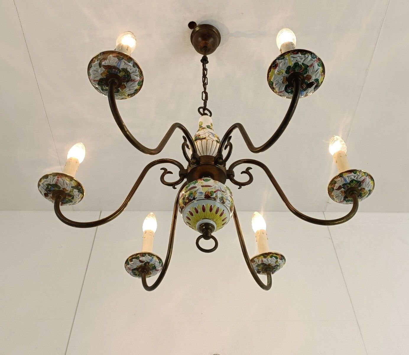 Chandelier 6 Arm Lights Brass Porcelain Flowers Italian Italy Capodimonte Style photo vintage