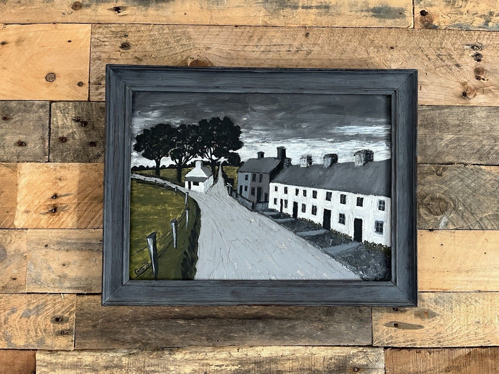 Original Vintage Framed Oil On Board Painting Naive Welsh Village Signed Guto