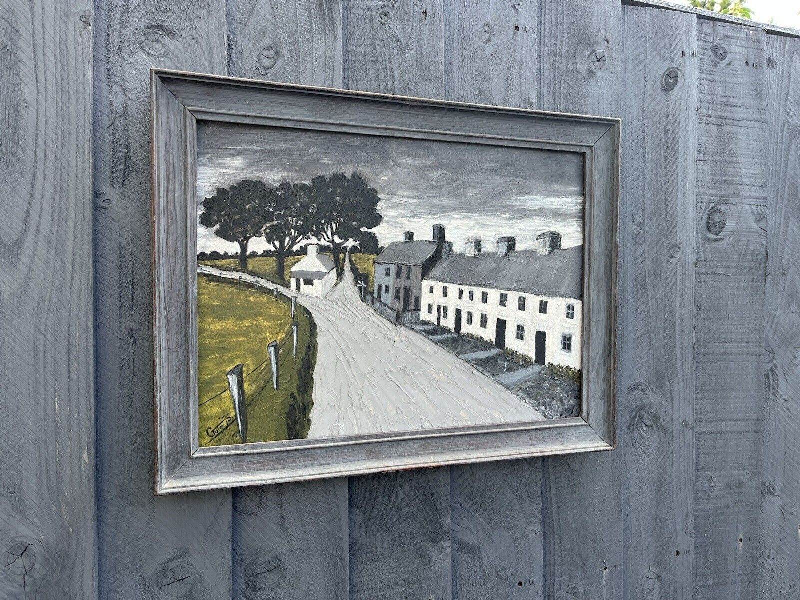 Original Vintage Framed Oil On Board Painting Naive Welsh Village Signed Guto photo 195.0