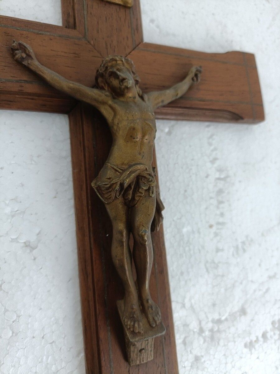 Hanging Crucifix Hand Carved Wood Brass Corpus Copper Inlay Beautiful Antique photo for sale
