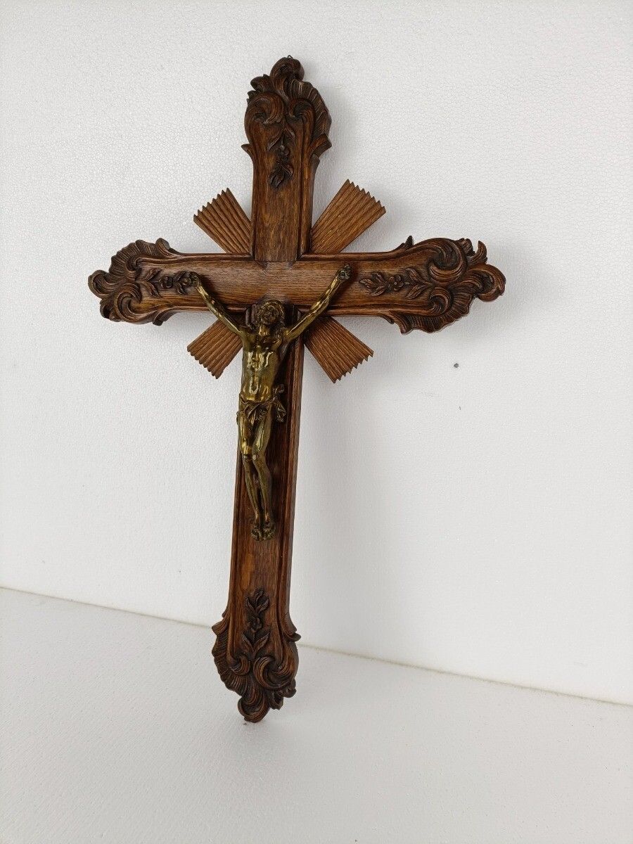 Large Hanging Crucifix Cross French Ornate Hand Carved Wood Brass Corpus photo furniture