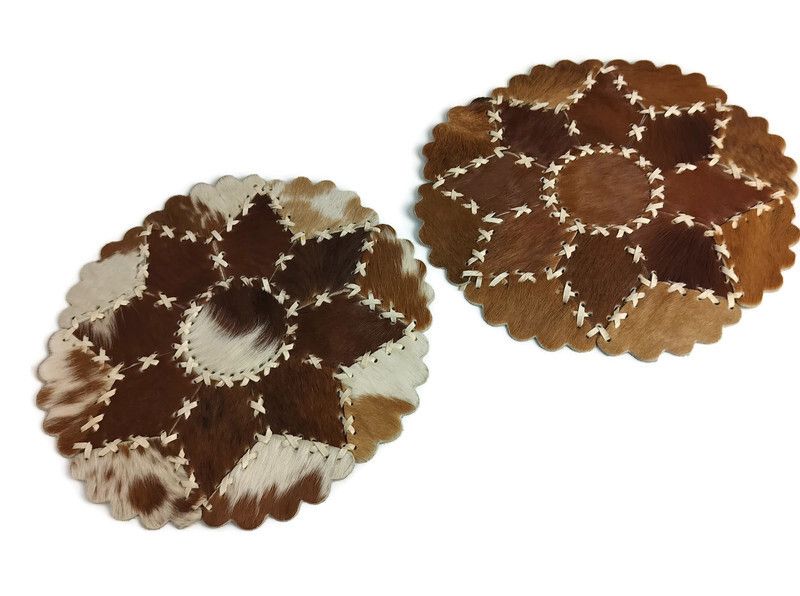 2 Pieces Of Cowhide Patchwork Round Table Mats Marked Vintage Hand Laced
