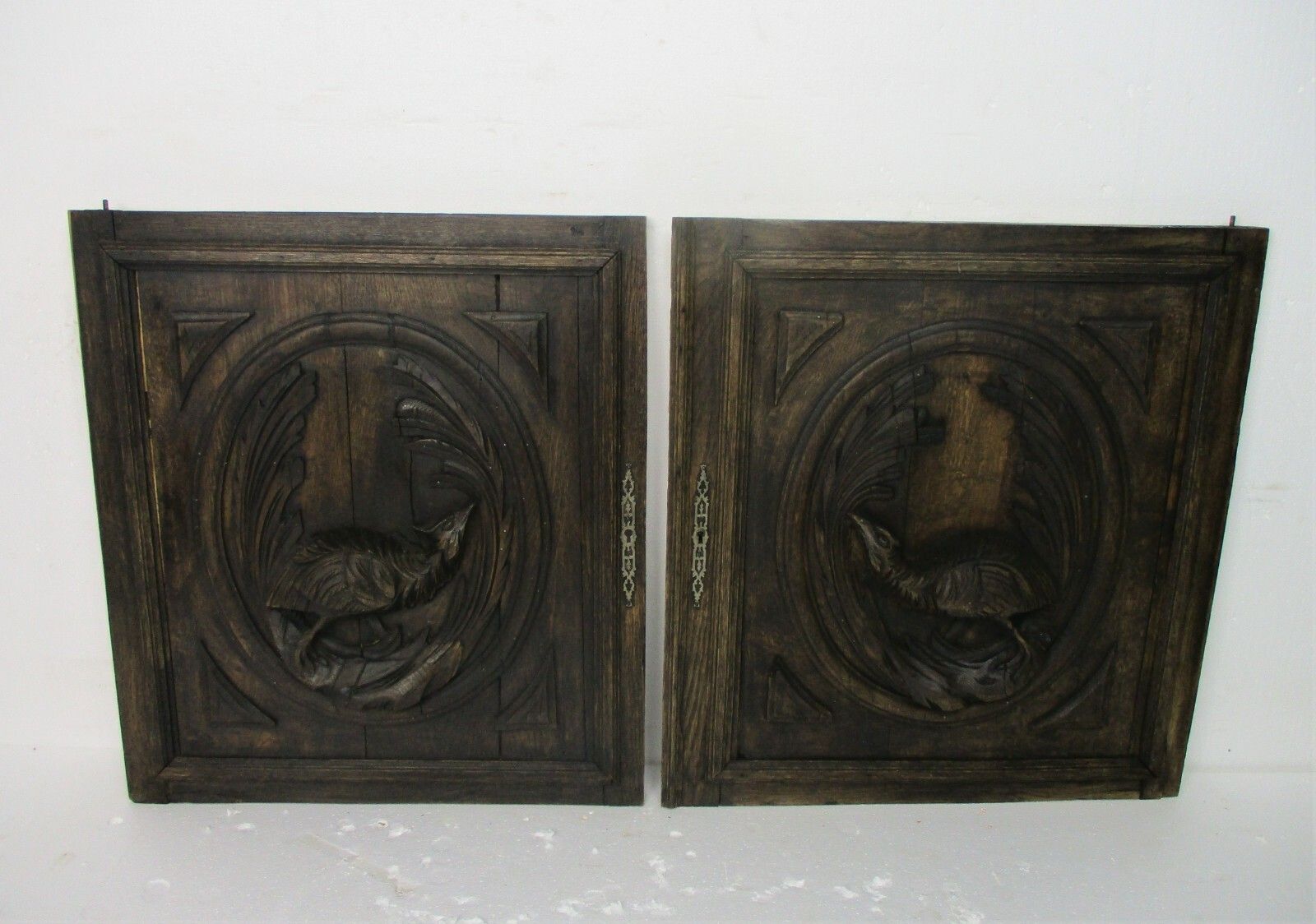 Pair Antique Hand Carved Oak Pheasants  Door Panels Reclaimed Architectural photo furniture