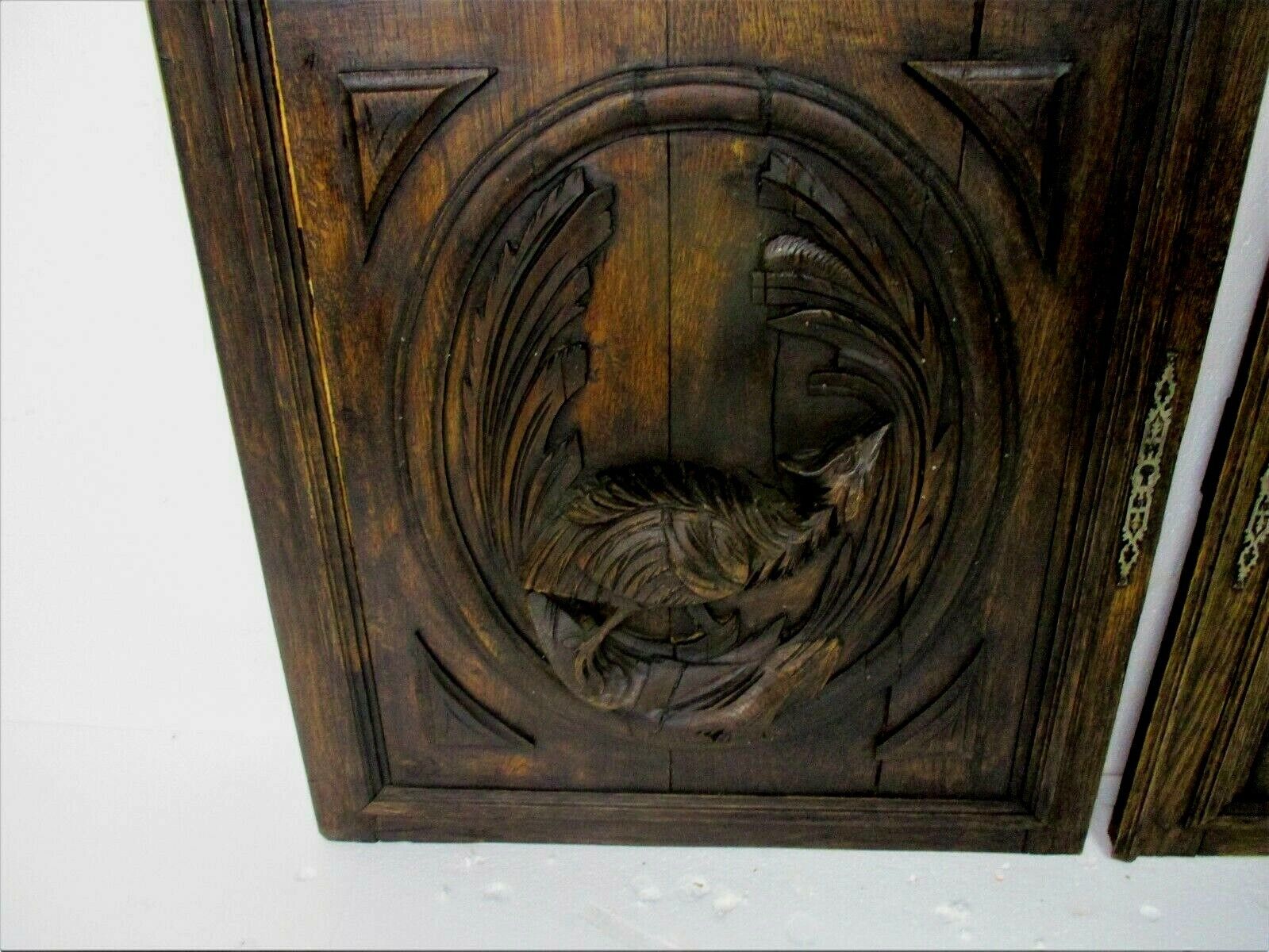 Pair Antique Hand Carved Oak Pheasants  Door Panels Reclaimed Architectural photo for sale