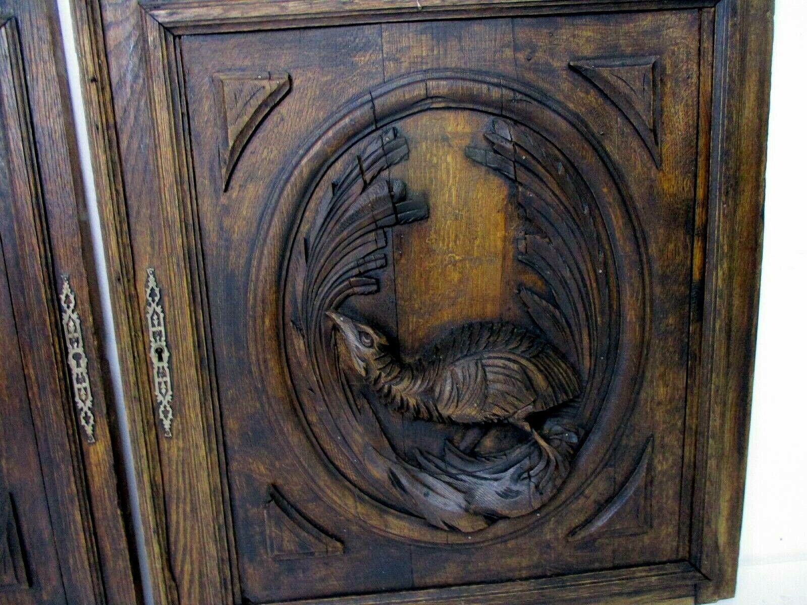 Pair Antique Hand Carved Oak Pheasants  Door Panels Reclaimed Architectural photo 334.0