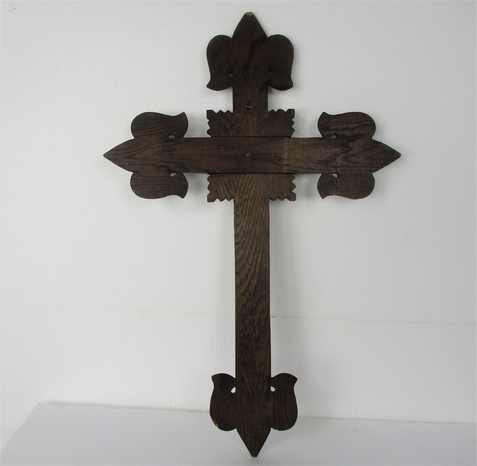 Xl French France Hanging Hand Carved Wooden Wall Crucifix Church Chapel Fleur De photo 303.0