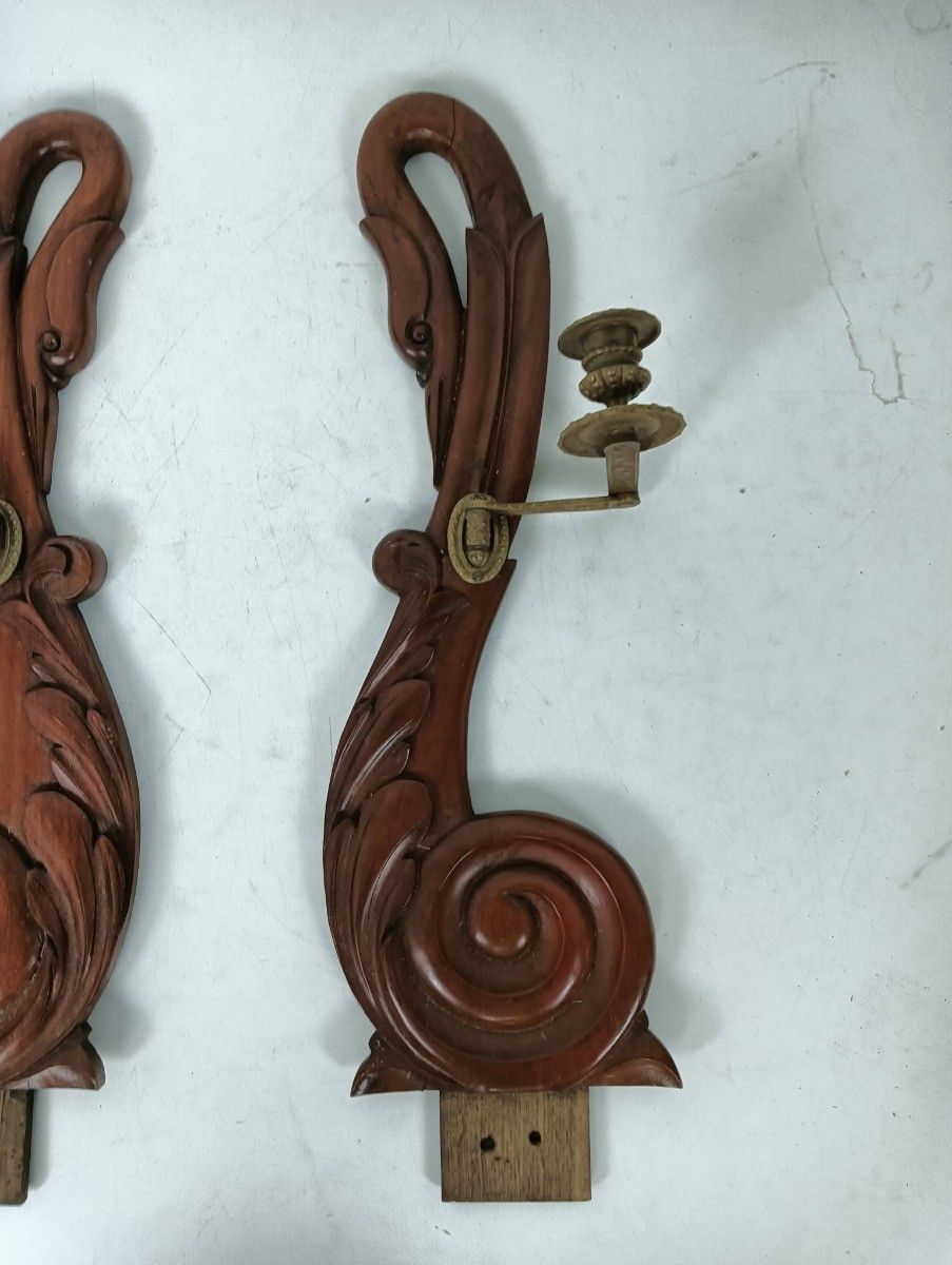 Antique Hand Carved Wooden Corbels Pediments Trims With Brass Candle Holders Lov photo furniture