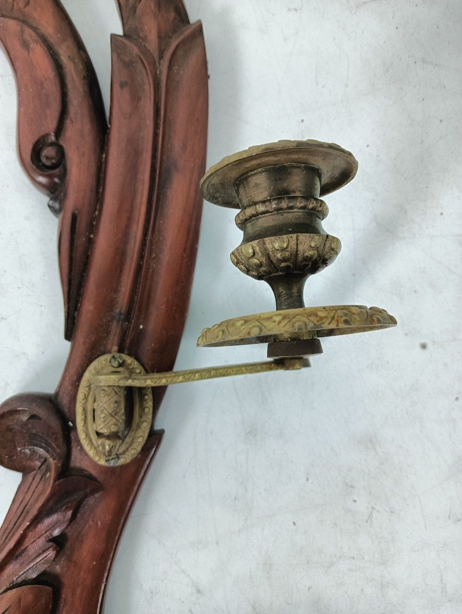 Antique Hand Carved Wooden Corbels Pediments Trims With Brass Candle Holders Lov photo for sale