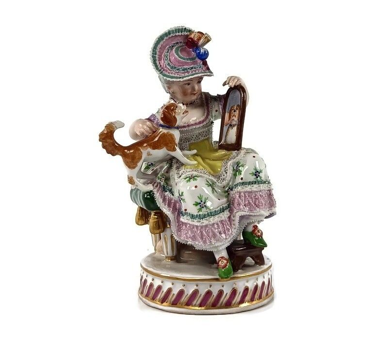 Antique 18th Century Meissen Figurine Porcelain Attributed By Acier Lady With Do