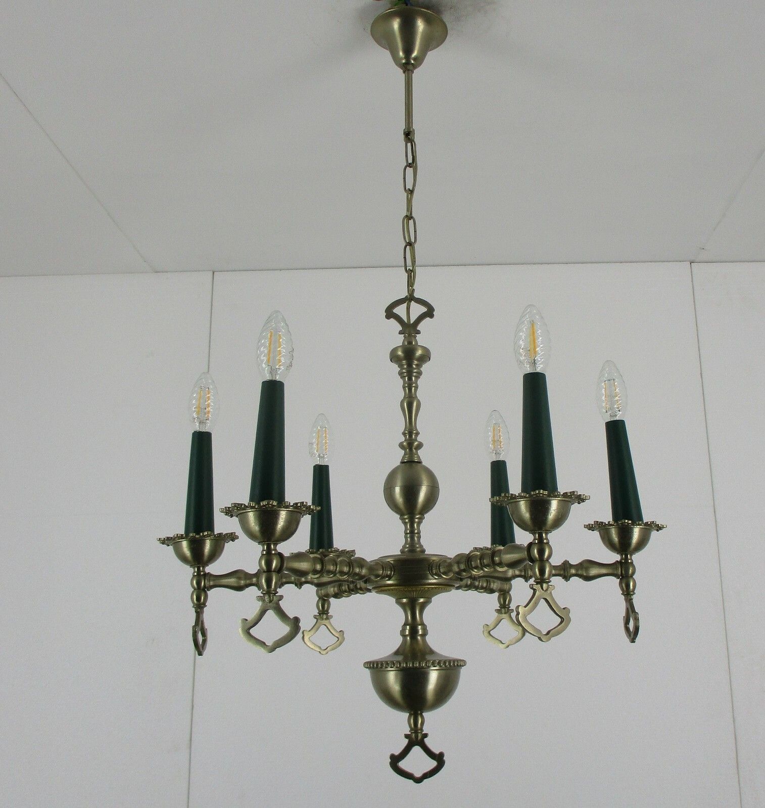 Chandelier Tin Look Messing Metal 6 Lights Edwardian Style Hobnails Rare Lovely photo vinterior