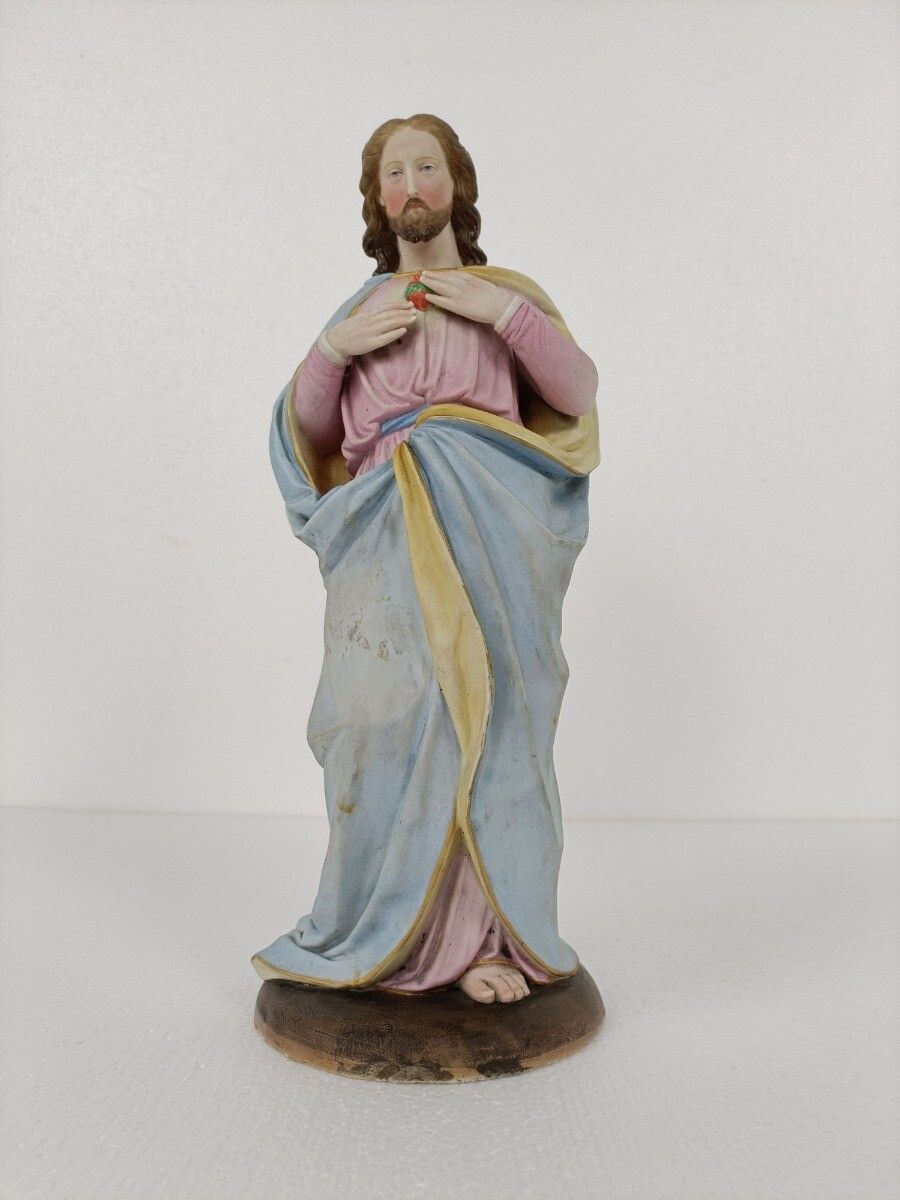 Antique  Statue Bisque Porcelain Jesus Christ Saviour Holy Sacred Heart photo furniture
