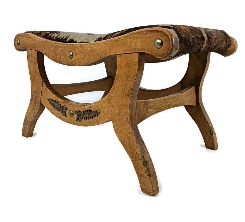 Vintage Foot Stool Ottoman Footstool Wooden Wooden Legs  Cowhide Funky Authentic