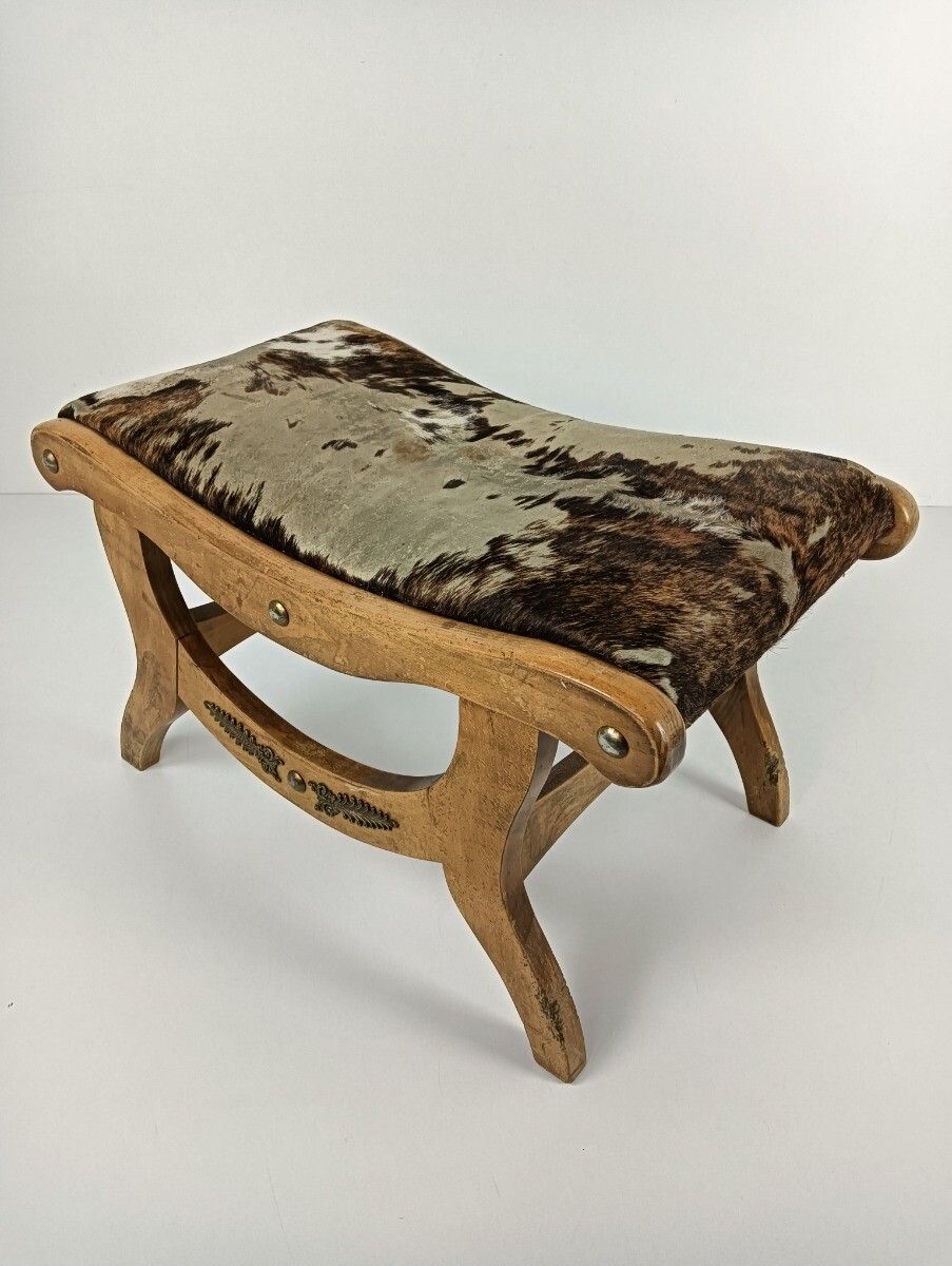 Vintage Foot Stool Ottoman Footstool Wooden Wooden Legs  Cowhide Funky Authentic photo furniture