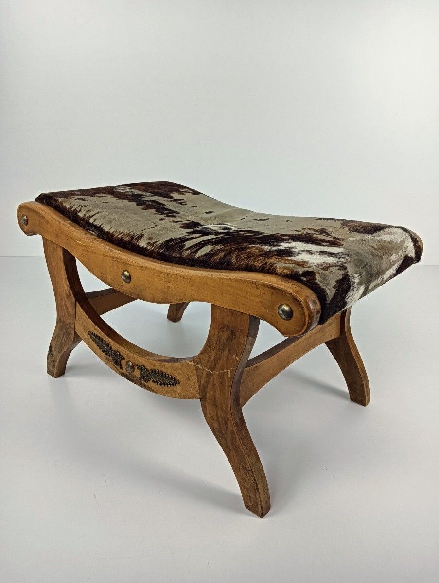 Vintage Foot Stool Ottoman Footstool Wooden Wooden Legs  Cowhide Funky Authentic photo buy