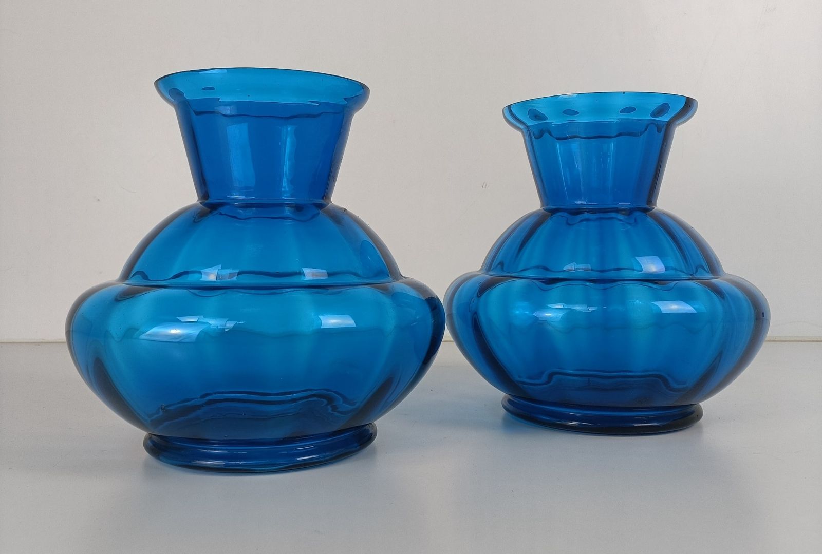Pair Blue Art Deco  Hooped Vases  Art Glass Antique Gorgeous photo for sale