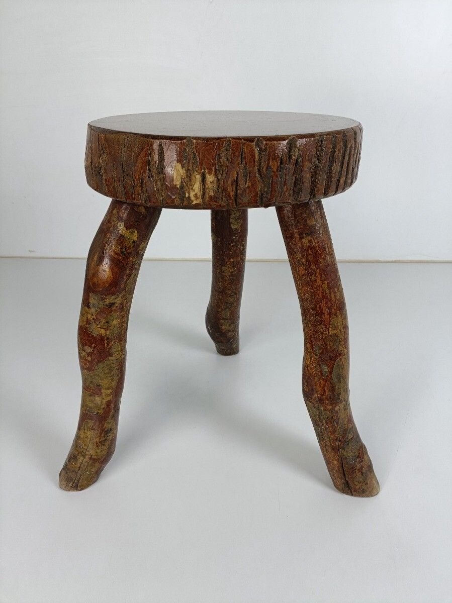 Hand Carved Wood Milking Stool Pedestal Table Pedestal French Brutalist Steampun photo for sale