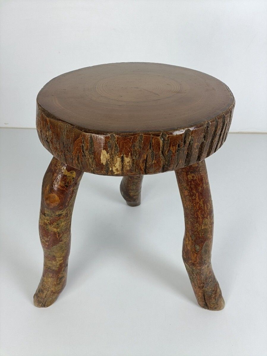 Hand Carved Wood Milking Stool Pedestal Table Pedestal French Brutalist Steampun photo Furniture
