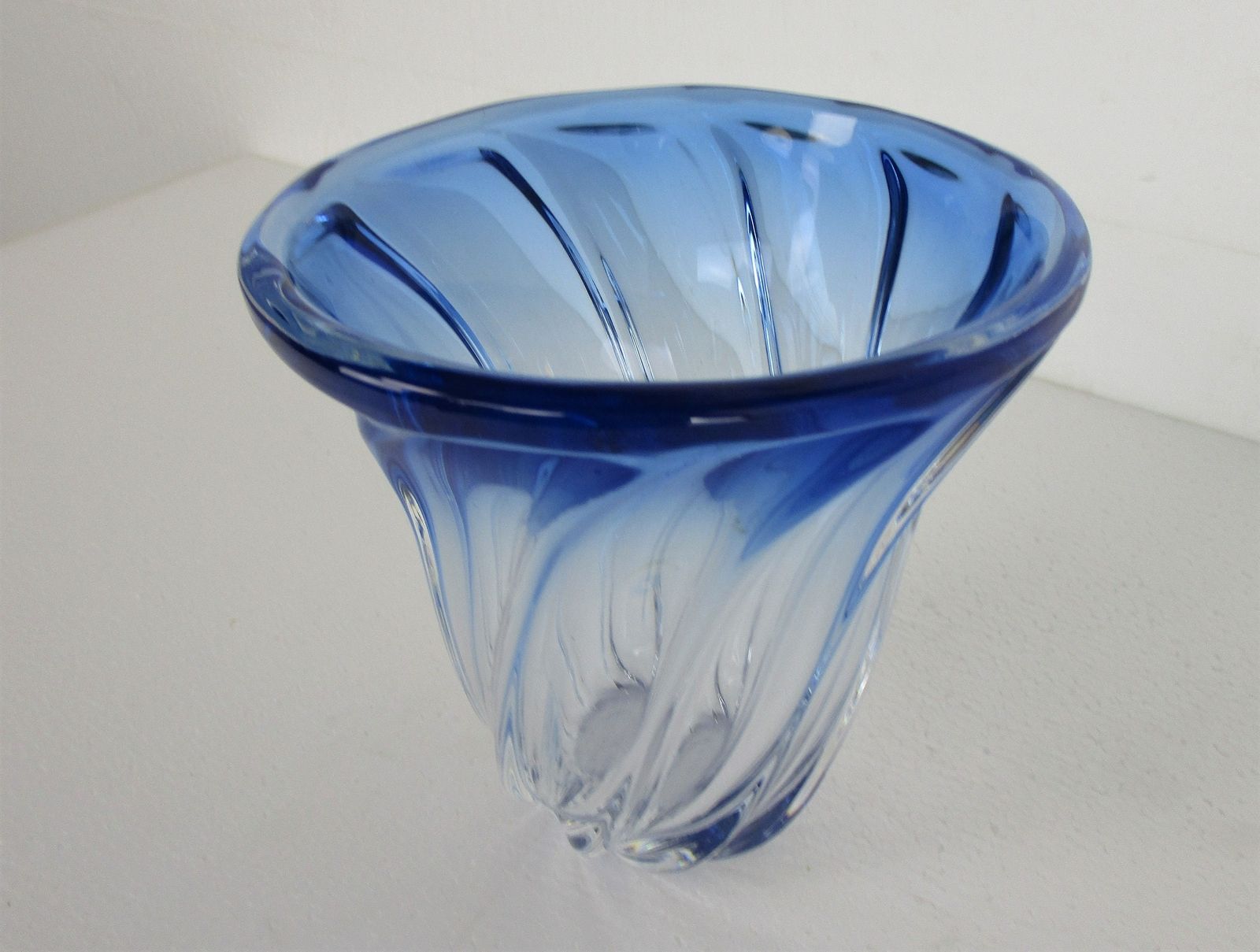 Art Deco Heavy Art Glass Vase Val St Lambert Twisted Glass Cobalt Blue To Clear photo for sale