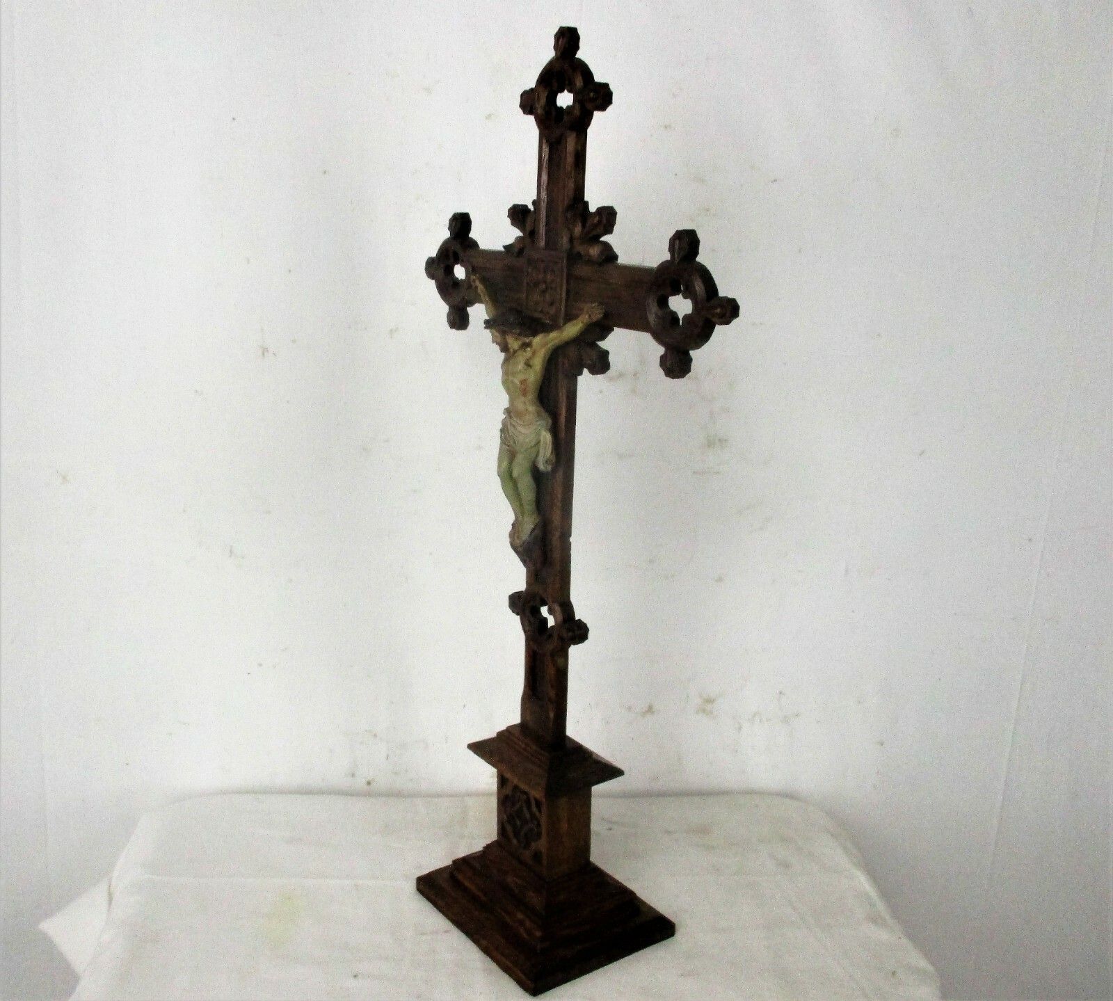 French Standing Crucifix Corpus Christi Hand Carved Wood Oak Plaster Art Piece photo buy