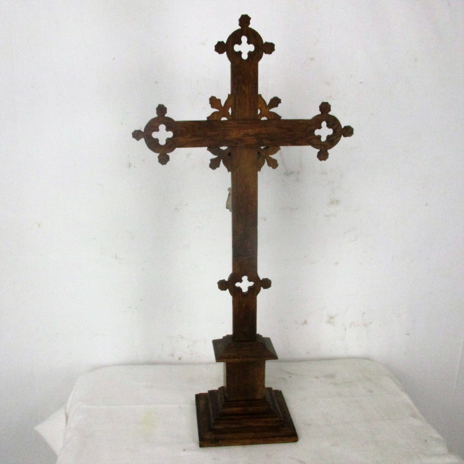 French Standing Crucifix Corpus Christi Hand Carved Wood Oak Plaster Art Piece photo vintage