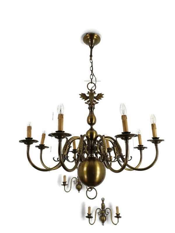 Set Of 3  Wall Sconces 1 Large Flemish Dutch Chandelier Very Rare Modernist Bras