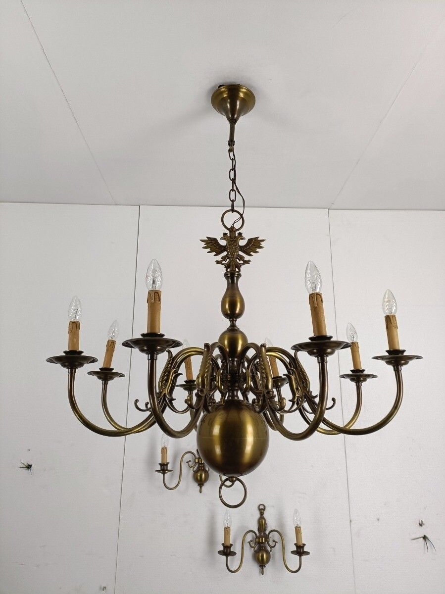 Set Of 3  Wall Sconces 1 Large Flemish Dutch Chandelier Very Rare Modernist Bras photo vintage